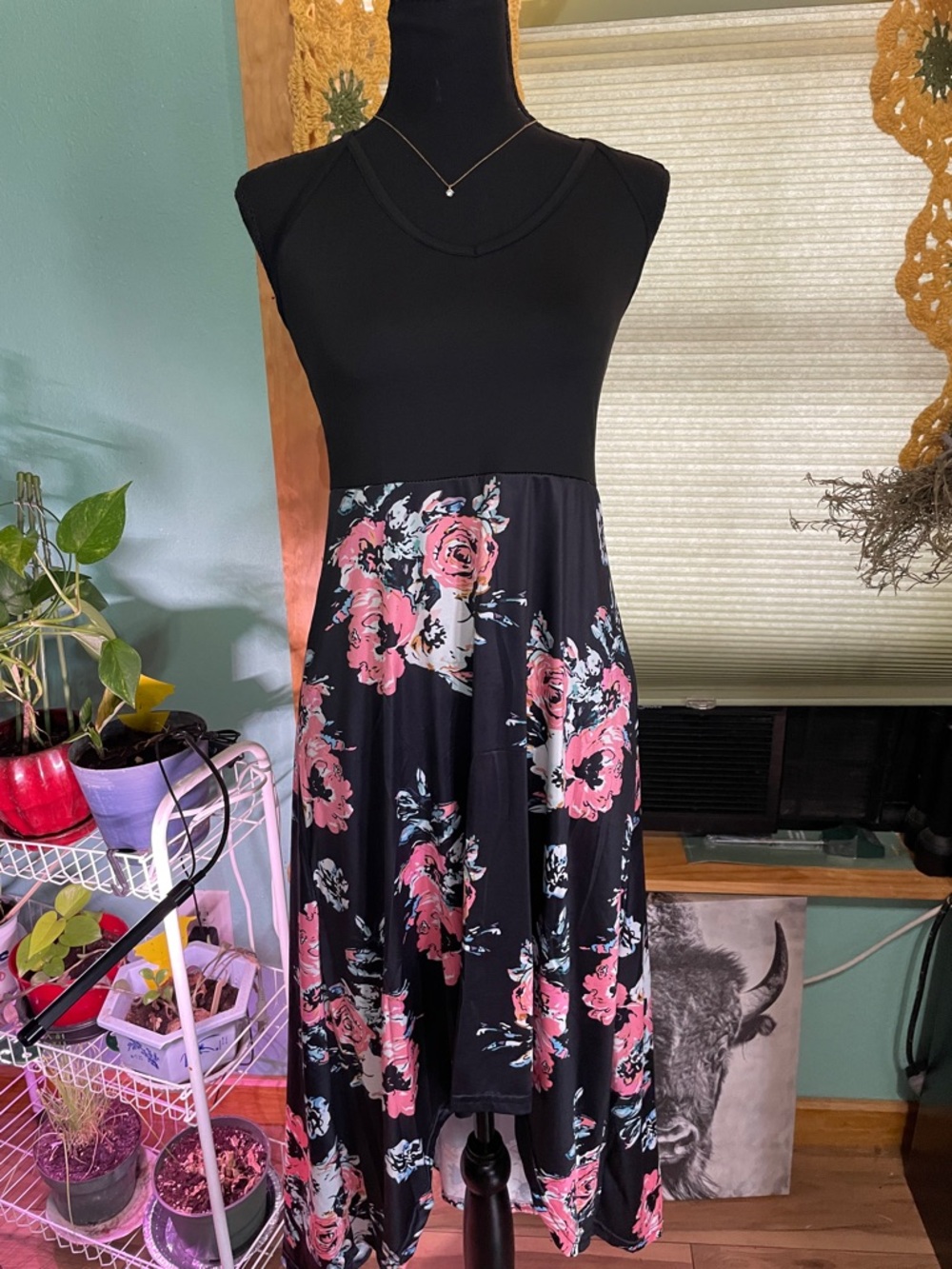 Black & Pink Floral Sleeveless Midi Dress